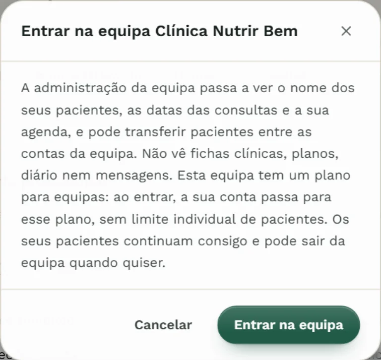 Janela de confirmação ao aceitar o convite, com a explicação do que a administração da equipa passa a ver.