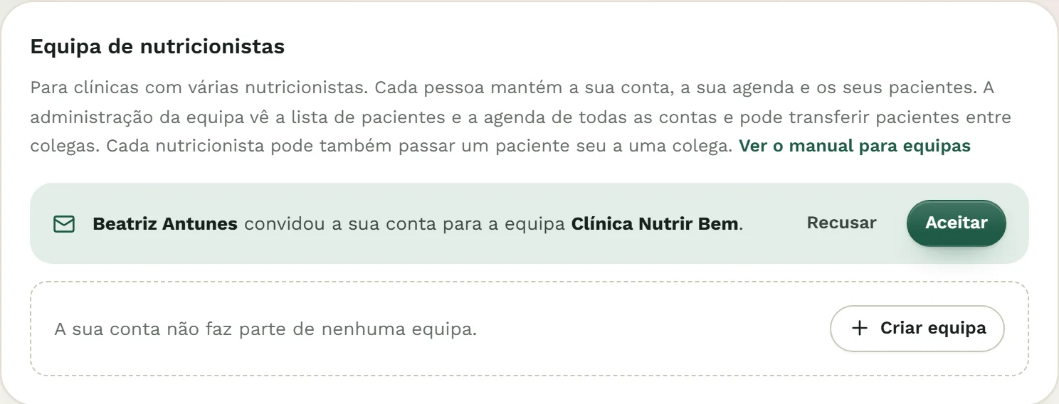 Cartão Equipa de nutricionistas com um convite por aceitar, com os botões Recusar e Aceitar.